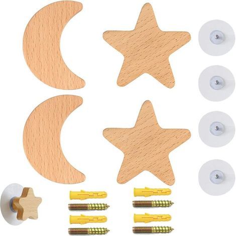 4PCS Self-Adhesive Wooden Wall Hooks, Decorative Hooks, Star and Moon Shaped Wardrobe Hooks, Coat Hangers, Clothes Hangers, Hats, Scarves and Helmets for Bedroom, Living Room, Hallway (1/5)