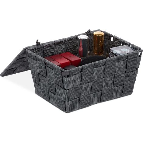 Panier de Rangement avec Couvercle, Aspect tressé, Organiseur, HxlxP 10,5 x 19,5 x 14,5 cm, Plastique, Gris (1/5)