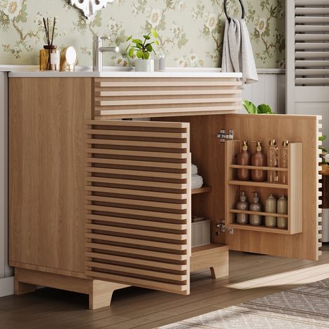Meuble de Salle de Bain sur Pieds avec Vasque Intégrée 91x46x86,5 cm Effet Bois - Meuble Sous Lavabo 2 Portes à Fermeture Amortie et Étagères (1/5)