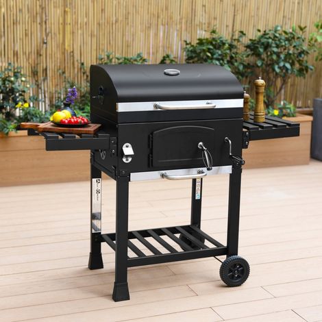 Barbecue Grill charbon de bois noir - Fumoir avec récupérateur de cendres. aérateurs. bac charbon ajustable. tablettes rabattables et housse (1/5)