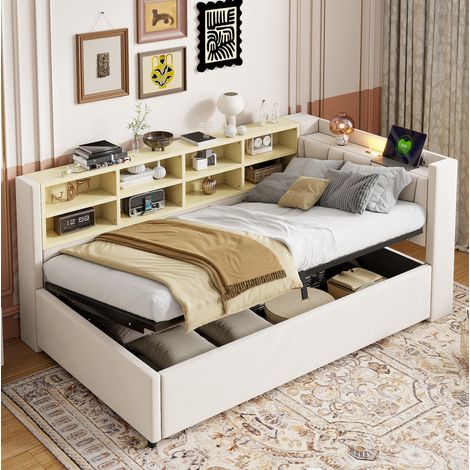 Schlafsofa Samtstoff Beige 90x200 cm mit hydraulischem Stauraum, Lattenrost, Nachtlicht, USB- und Type-C-Anschluss (1/5)