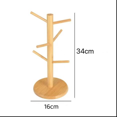 Porte-tasses en bambou en forme d'arbre, pour salon et cuisine, support de rangement pour tasses, support de bureau en bois pour tasses à café, porte-tasses à café avec 6 crochets (1/4)
