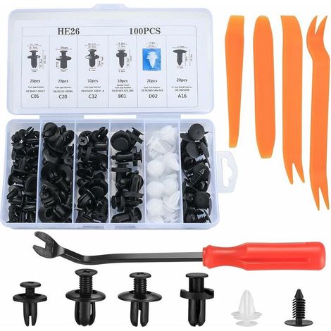 BDD Clips Agrafes Plastiques Voiture Rivets Fixation Set, Rivets Plastiques Fixation de Protection Noir Universel pour Auto Voitures Panneaux de Portes Garnissages, avec Pince de Retrait (1/5)