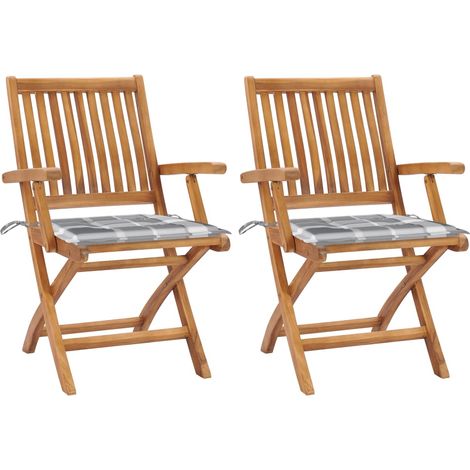 Gartenstühle 2 Stk. Graue Karomuster-Kissen Massivholz Teak (1/5)