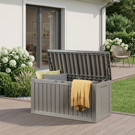 Outdoor-Aufbewahrungsbox Vades 117x47x59 cm Hellgrau, Holzoptik [casa.pro]
