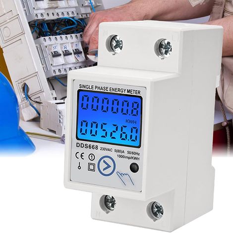 Compteur Électrique Monophasé - Écran LCD Rétroéclairé Bleu - Mesure KWh Watt Courant - Montage DIN 35 mm - Fonction Mémoire Données - 1 Pièce (1/5)