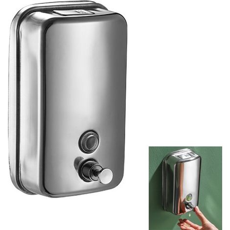 Dispensador de jabón de acero inoxidable, Dispensador de jabón de baño recargable, Botón pulsador manual, 800 ml, hoteles, Plateado (1/5)