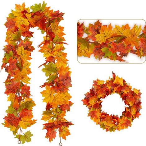 Guirlande d'automne, lot de 2, feuilles d'érable réalistes, 2 x 85 cm, longueur totale 170 cm, réutilisable, pour table, cheminée et rampe d'escalier (1/5)
