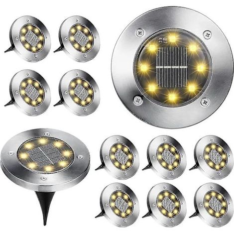 Lot de 12 lampes solaires d'extérieur pour jardin, 8 spots LED encastrés au sol, blanc chaud 3000K, étanches IP65, pour allée.-AquaForge (1/5)