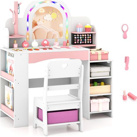 COSTWAY Kids Vanity Set with LED Lights 86x39x104cm MDF Dressing Table and Chair White