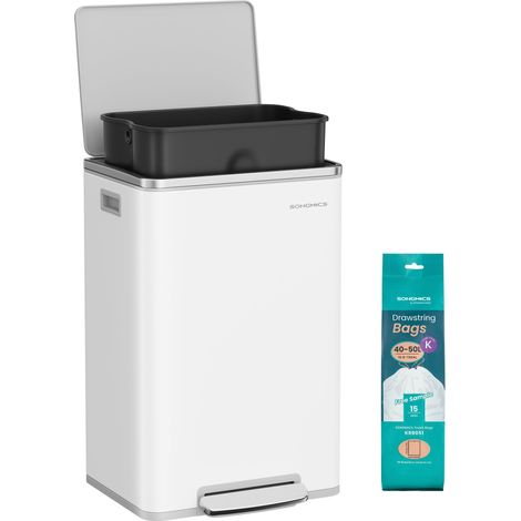 Poubelle de Cuisine 50 L, avec 15 Sacs Poubelle, en Acier, Seau Intérieur Amovible en Plastique, avec Couvercle, Poignées, Fermeture en Douceur, Blanc Nuage (1/5)