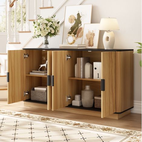 Credenza 139x40x75 cm naturale in truciolato con effetto ondulato e chiusura silenziosa (1/5)