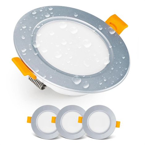 Foco empotrable LED Focos de techo LED IP54 para baños y estancias húmedas, blanco cálido 3000K Juego de 3 focos LED redondos extraplanos de 7 W/700 lúmenes, color plateado (1/5)
