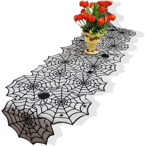 Chemin de table d'Halloween en dentelle noire, motif toile d'araignée, en polyester, 183 x 45 cm. Décoration de table pour salle à manger ou cheminée. (1/5)