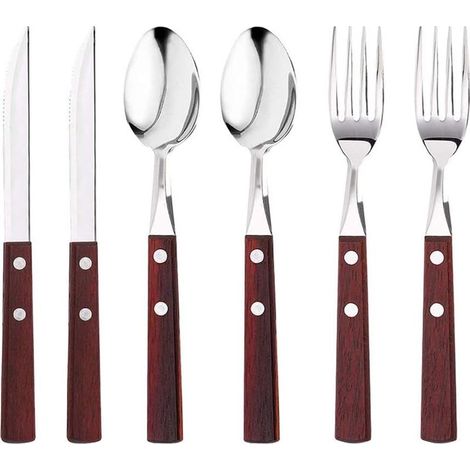 Edelstahlbesteck mit Holzgriffen – Gabel, Löffel, Messer – für den täglichen Gebrauch – 6-teiliges Set (1/5)