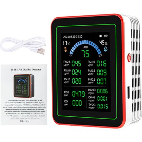 Misuratore di temperatura e umidità HCHO 18 in 1 con display a colori per casa e ufficio, rileva PM0.3 PM0.5 PM1.0 PM2.5 PM5.0 PM10 CO2 C6H6 TVOC per interni (bianco) (1/5)