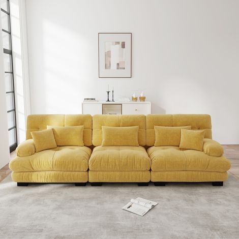 Divano angolare modulare 313/77/81 cm in ciniglia gialla con seduta profonda e cuscini comfort (1/5)