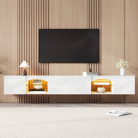 Meuble TV Bas Banc Télé 200 cm avec Éclairage LED, 4 Portes et Étagères en Verre, Rangement Multimédia Moderne pour Salon, Finition Brillante, Blanc (1/5)