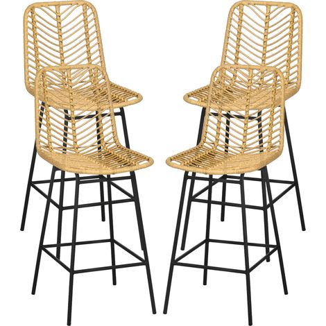 Lot 4 Tabourets Grévecourt Style Colonial Résine Rotin Jaune Noir 66cm