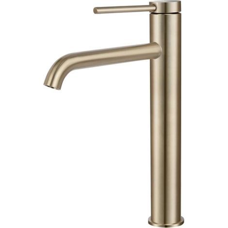 Grifo monomando de lavabo de acero inoxidable cepillado color oro – Caño alto monomando – Cartucho cerámico de alta presión – Aireador de burbujas – PTM01LG (1/4)