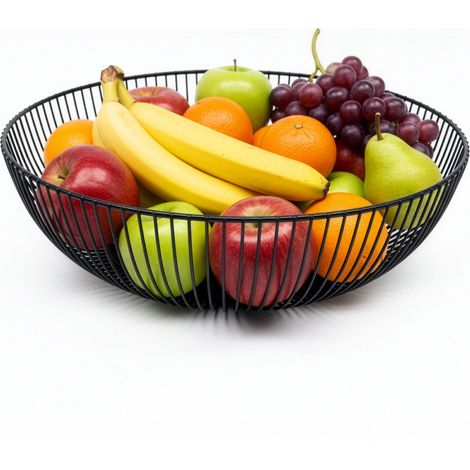 Relaxdays Frutero de metal, cesta redonda para frutas, HxD: 8 x 28 cm, cesta de alambre moderna, negra. (1/5)
