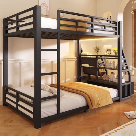 Letto a castello in metallo 232x95x145 cm, con striscia LED, 2 cassetti in tessuto, legno e metallo nero (1/5)