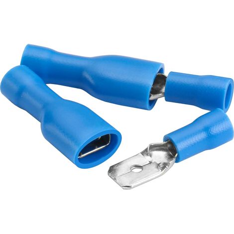 Paquete de 100 terminales de cable macho/hembra de vinilo totalmente aislados, 6,3 x 0,8 mm para 1,5-2,5 mm² (16-14 AWG), azul (1/4)