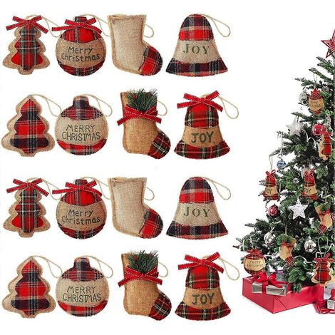 16 Sackleinen-Weihnachtsornamente, 4 Designs rot karierte Hängeornamente, Weihnachtskugeln, Christbaumglocken-Ornamente (1/5)