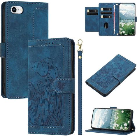 Coque en cuir pour iPhone SE (2022) SE (2020) 8 7 6s 6 Tulip Phone Cover avec 5 emplacements pour cartes Wallet - Bl (1/5)