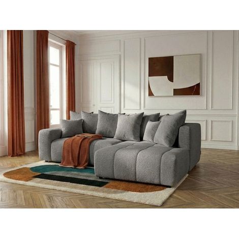 BOBOCHIC - Canapé d'angle L convertible coffre ROXELANE tissu bouclette Angle droit Gris foncé (1/5)