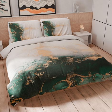 Housse de Couette 2 Places 250x200 cm 2 Taies 50x80 cm Incluses, Parure en Microfibre Imprimée Vert Émeraude (1/5)