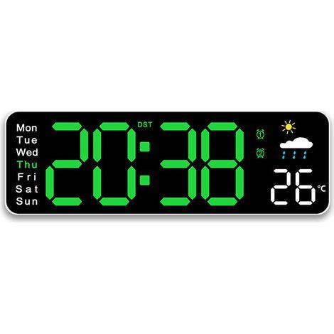 Multifunktionale Wetteruhr für Wohnzimmer, Wecker, Temperaturanzeige, Wohnaccessoire – Weißes Gehäuse mit grüner Beleuchtung