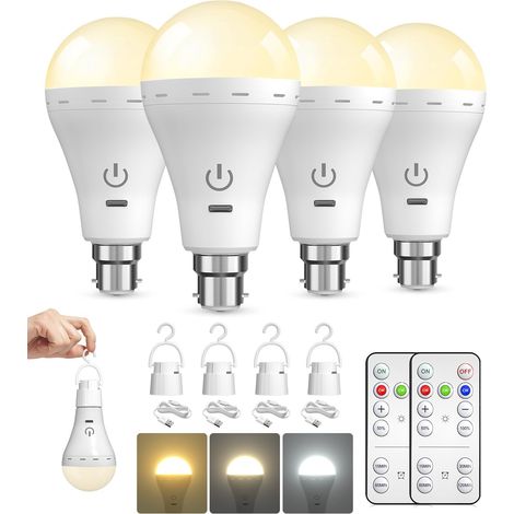 4er-Pack wiederaufladbare Glühbirnen mit Fernbedienung, 3 Farben + 10 % – 100 % dimmbar, per USB wiederaufladbare Glühbirne mit Touch-Steuerung, E27 LED-Glühbirne für drinnen/draußen