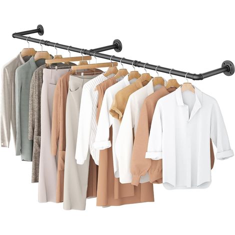 Portant à Vêtements Industriel, Tringle à Vêtements Murale 167cm, Barre de Tuyau de Rail de Suspension Murale pour Chambre à Coucher en Métal Noir, Base 3 (1/5)