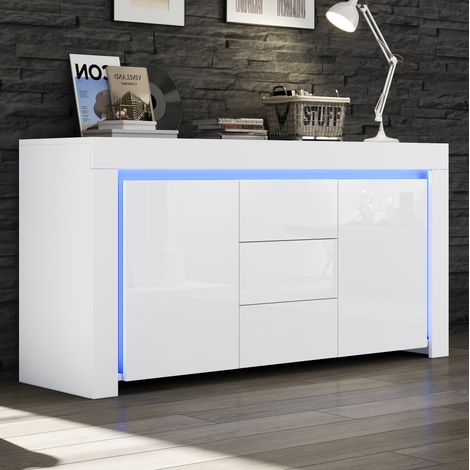Buffet 140 x 40 x 65 cm avec 3 tiroirs, 2 portes, LED et finition laquée blanc HAVRYA (1/5)