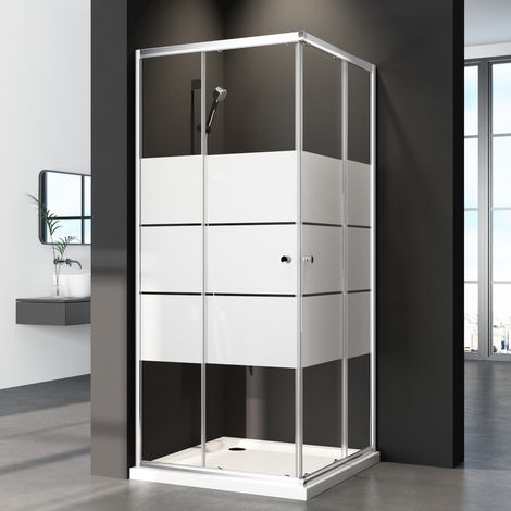 Duschkabine 80x80 cm Eckeinstieg mit Schiebetüren, Duschabtrennung Duschwand Doppel Schiebetür 6mm ESG Glas mit weißen Querstreifen-Dekor, Höhe 185cm