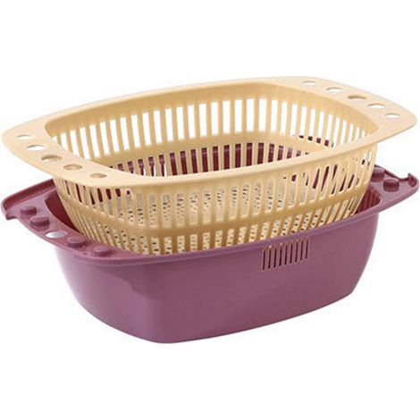 Lot de 2 paniers à légumes à double compartiment, égouttoir pour fruits et légumes, couleur abricot violet. (1/5)