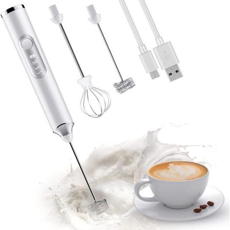 Mousseur À Lait - Rechargeable - 3 Vitesses - Pour Café Cappuccino Chocolat Matcha - 2 Embouts Interchangeables - 1 Pièce (1/5)