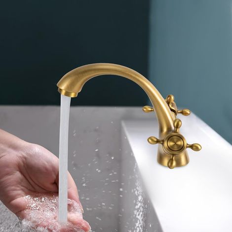 Waschtischarmatur aus Messing mit Zweigriff, Wasserhahn Bad Armatur Mischbatterie für Kaltes und Heißes Wasser, Retro Waschbecken Armaturen mit Keramikspule für Badezimmer (Antike Farbe)