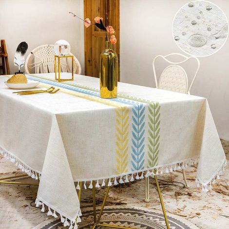 Nappe carrée 140x140 cm, verte et jaune, imperméable, en coton et lin, élégante, à pompons, pour la décoration de la table de cuisine et de salle à manger. (1/5)