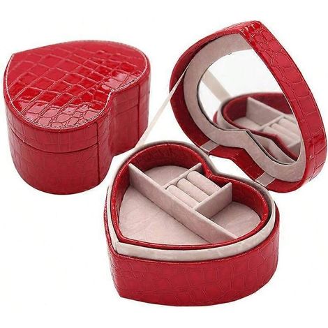 Portagioielli a forma di cuore in pelle PU a doppio strato con specchio (rosso) (1/2)