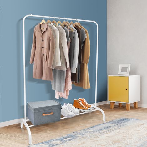 Porte-Manteau Blanc, Porte-Vêtements en Métal Suspension Autoportante, étagère de rangement inférieure à 1 niveaux pour boîtes à chaussures (1/5)