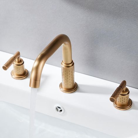 Mitigeur rotatif en laiton à 3 trous, robinet de lavabo avec 2 poignées eau chaude et froide, finition grise élégante pour salle de bain vasque évier et décoration moderne (1/3)