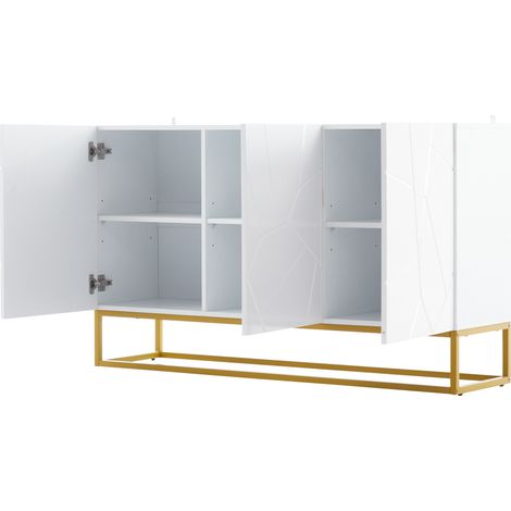 Weißes Hochglanz-Sideboard 130 cm mit 3 Türen und Metallgestell (1/5)