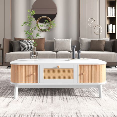 Couchtisch aus MDF 110 x 55 x 38,5 cm mit Stauraum, Rattandetails, weiß und Holz HAVRYA (1/5)