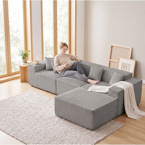 REDOM - Sofá rinconero modular de 3 plazas, módulos flexibles, portavasos y bolsillo lateral, tejido acanalado gris (1/5)