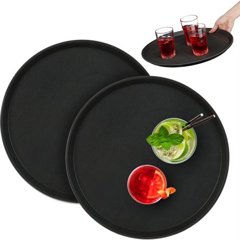 Relaxdays Set of 2 Serving Tray, Round Ø 40 cm, Bar Drinks Plate, Non-Slip Surface, Waiter's Catering, Versatile, Black