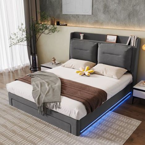 Gepolstertes LED-Bett, mit Hydrauliklift, 2-in-1-Schubladen am Fußende, integrierte LED-Lichtleisten auf beiden Seiten, Lattenrost, Matratze nicht im Lieferumfang enthalten, Samt-Optik (1/5)