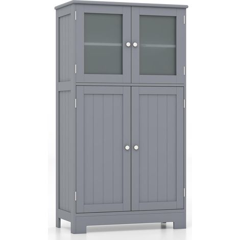 COSTWAY 4-türiger Badezimmerschrank, Wohnzimmerschrank freistehend, Aufbewahrungsschrank mit Glastüren, Küchenschrank Holz mit verstellbarem Regal, Mehrzweck-Schrank für Flur Wohnzimmer Büro, Grau