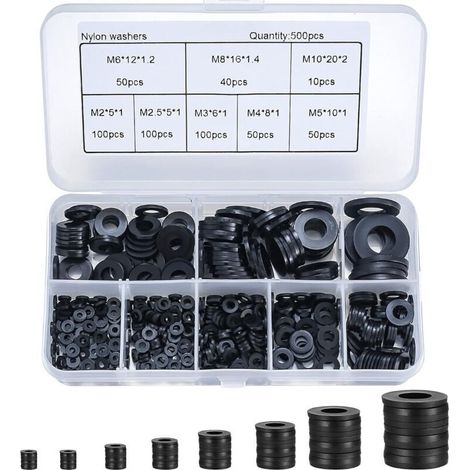 500 Pièces Rondelles Plates Nylon Noir, Rondelles Plates Isolation Rond Joint Spacer Joint Plomberie Assortiment Kit- M2/M2.5/M3/M4/M5/M6/M8/M10